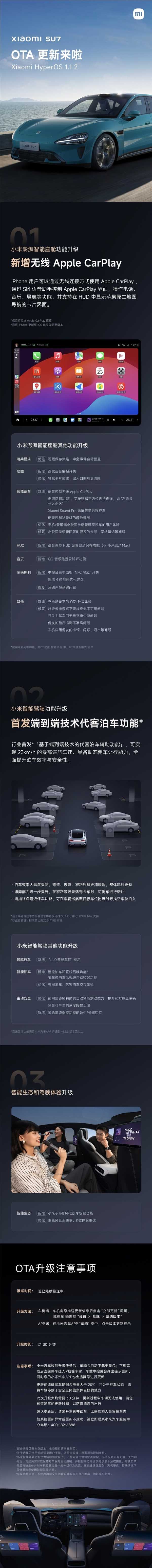 小米SU7重磅OTA更新来了！新增无线Apple CarPlay、走哪问哪功能